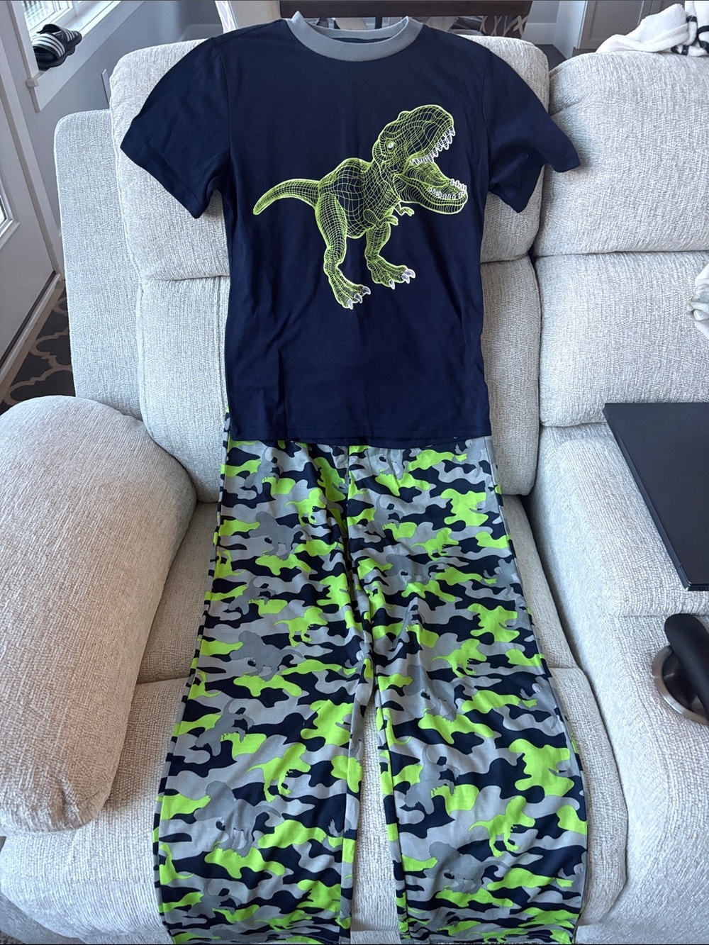 Arizona Jean Company Boys Navy Tee & Neon Green Dino and Camo Pajama Set